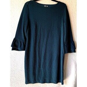 Chico's Textured Knit Teal Dress Tulip Cuff Long Sleeve Knee Length Lined Size 1